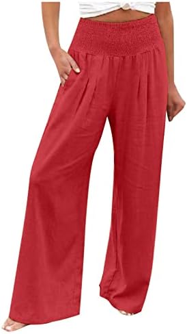 Geniş Bacak Pantolon Kadınlar için Yaz Rahat Pamuk ve Keten Pantolon Düz Renk Rahat Yüksek Elastik Bel Sweatpants