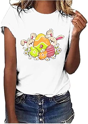 Beyaz Gömlek Kadınlar için Rahat Yaz Sevimli Tavşan Grafik Tees Kısa Kollu Crewneck Bluz Paskalya Tatili Tunik Gömlek