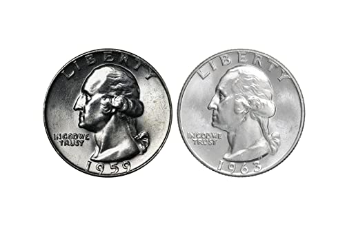 1959 D & 1963 D Washington Çeyrek 25C Bankası 90 % Gümüş Gem Detay Parlak Dolaşımsız BU Süper 2 Sikke Seti Nadir Albümü