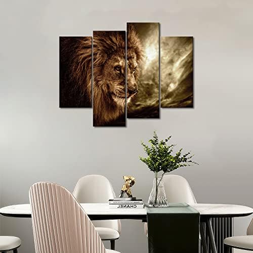 4 Panel Duvar Sanatı Kahverengi Şiddetli Aslan Karşı Fırtınalı Gökyüzü Boyama Resim Tuval Üzerine Baskı Hayvan Resimleri