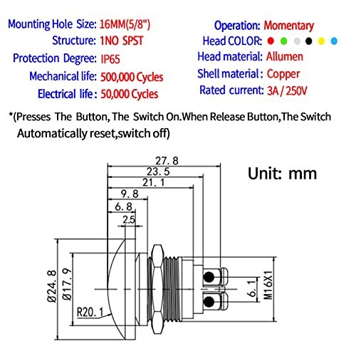 16mm Mantar Kafa basmalı düğme anahtarı Su Geçirmez Metal Anlık Başlat Düğmesi 1NO Açık Kapalı 7/8 Montaj Kubbeli Vida 250V