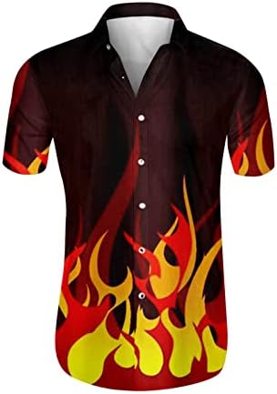 Erkek Yangın Baskı T Shirt Kısa Kollu Düğme Aşağı Gömlek Hızlı Kuru Turn Down Yaka Premium Kumaş Untucked Gömlek