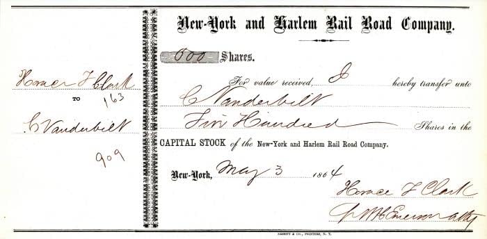 1860'larda New York ve Harlem RR, Komodor Cornelius Vanderbilt'e ihraç Edildi-Hisselerin Devir Makbuzu