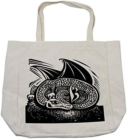 Ambesonne Dragon Alışveriş Çantası, Uzun Kanatların Altında Kıvrılmış Gölgeli Cilt Ejderhası Dijital Eskiz Çizimi, Bakkaliye