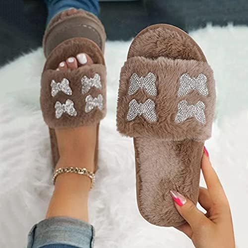 Kadınlar için Terlik Kapalı Açık Kürklü Sıcak Ev Peluş Tutmak Yay Taklidi Kayma Düz Açık Kış Burnu açık Ev Flip Flop Sandalet