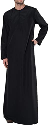 Erkek Müslüman Kıyafetleri Kaftan Robe İslam Abaya Dubai Uzun Elbise Thobe Uzun Kollu Etnik Giyim Erkek Gömlek (Renk: Siyah,