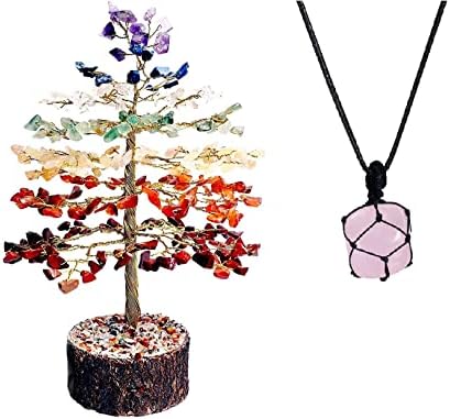 Pozitif Enerji için 7 Çakra Kristal Ağacı - Çakra Ağacı - Hayat Ağacı Dekoru-Kristal Kolye-Gül Kuvars Kristali-Kolye-Çakra