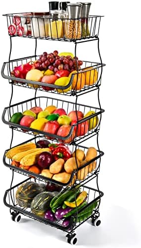 Meyve Sebze Depolama Sepeti, Tekerlekli 5 Katmanlı İstiflenebilir Metal Tel Saklama sepetleri, Meyve Sebze Ürünleri Sepeti