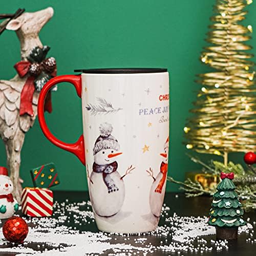 Voltogar Noel Seramik Kahve Kupa seyahat kulplu fincan ve kapak, Tatil Kardan Adam Fincan Ev ve Ofis için, 17oz Boyunda çay