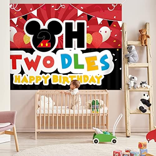 Oh Twodles Zemin Afiş Kırmızı ve Siyah Karikatür Mutlu 2nd Doğum Günü Tema Parti Süslemeleri Tezahürat İki Yaşında Fotoğraf