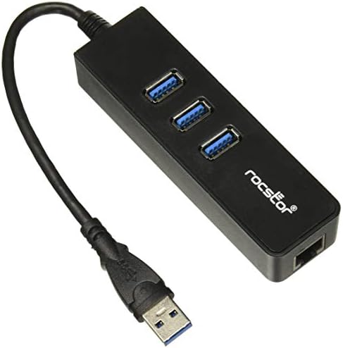Rocstor Y10A179-B1 Gigabit Ethernetli Premium 3 Bağlantı Noktalı Taşınabilir USB 3.0 Hub 10/100/1000-GbE Adaptörlü Harici