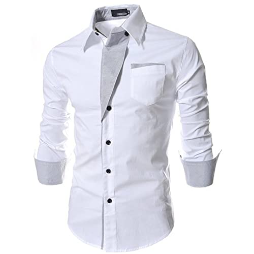 Maiyifu-GJ Erkek Uzun Kollu Şık Elbise Gömlek Patchwork Casual Düğme Aşağı Gömlek Turn-Aşağı Yaka Gömlek Üst Cepler ile (beyaz,