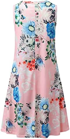 BEUU Yaz Elbiseler Kadınlar için 2022 Kolsuz Flowy Baskılı Salıncak yuvarlak Boyun kolsuz bluz rahat elbise Sundress Cep