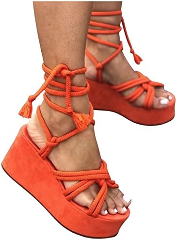 Yaz Bayanlar platform sandaletler Düz Renk Bandaj Düz Alt Eğim Topuk Şal Ve Çapraz Kenevir Halat Sandalet
