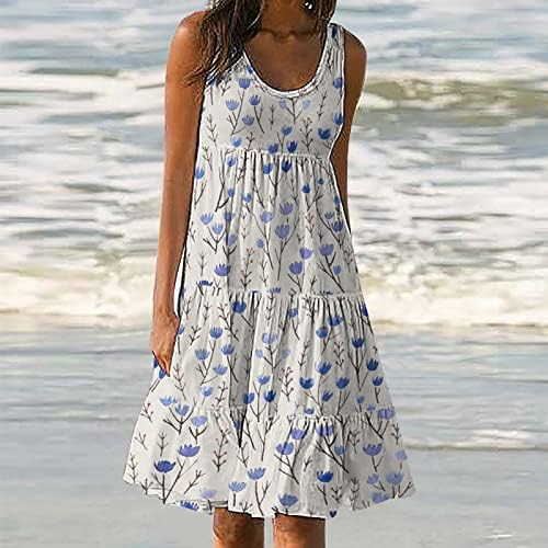 Kadın Rahat Kolsuz Sundress Scoop Boyun Çiçek Salıncak Tankı Elbiseler Yaz Baggy Patchwork Tunik Üst Plaj Elbise