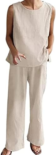Kadın Yaz 2 Parça Keten Kıyafetler Kolsuz Tank Mahsul Scoop Boyun Üst Kırpılmış Geniş Bacak pantolon seti Eşofman Cepler