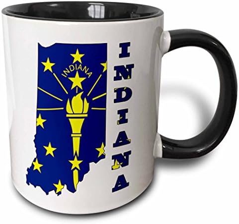 3dRose mug_58736_4Indiana eyalet bayrağı anahat haritası ve harfler Indiana İki Ton Siyah Kupa, 11 oz, Çok Renkli