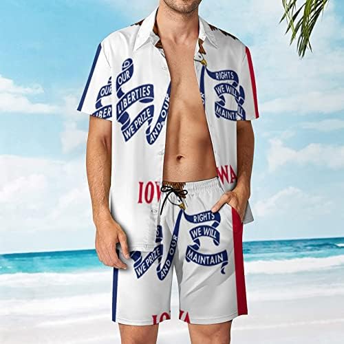 Iowa Eyalet Bayrağı Erkekler 2 Parça Hawaii Seti Düğmeli Kısa Kollu Gömlek plaj pantolonları Gevşek Fit Tees Eşofman
