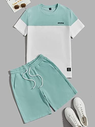 LUBOSE İki Parçalı Kıyafetler Erkekler için Erkekler Colorblock Sloganı Grafik Yamalı Tee ve İpli Bel Pantolon (Renk: Çok