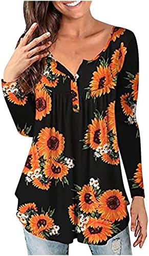 Bayan Çiçek Gömlek Moda Uzun Kollu Günlük Rahat Gömlek Gevşek Düğme V Yaka T-Shirt Tunik bluz Kazak Tops