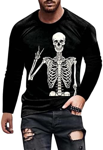 XXZY Cadılar Bayramı erkek uzun kollu tişört Erkekler Cadılar Bayramı Kemik Baskı T Shirt Sokak Uzun Kollu Gevşek Fit T Shirt