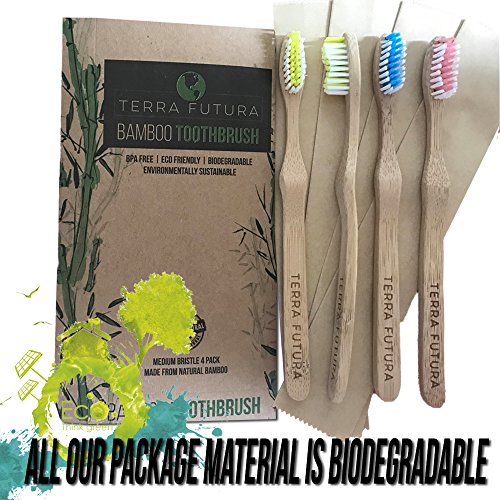 Terra Futura Bambu Diş Fırçası 4'lü Paket, Ergonomik Diş Fırçası. Çevre Dostu, Biyolojik Olarak Parçalanabilir ve Çevresel