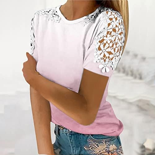 Kadın Yaz Üstleri 2023 Moda baskılı tişört Dantel Kısa Kollu Bluz Yuvarlak Boyun Casual Tops