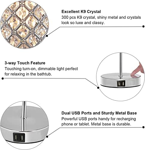ZNL Ev İyi s Dokunmatik Kontrol Kristal Masa Lambası-Çift USB Şarj Bağlantı Noktalı masa lambası, 3 Yollu Kısılabilir Başucu