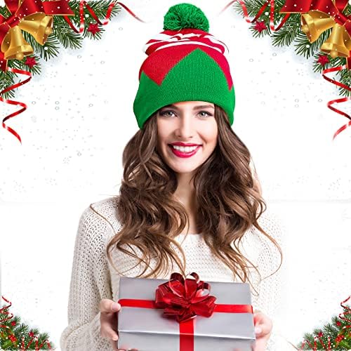 Noel Elf Örme Şapka Yetişkin Örgü Noel Baba Şapkaları Noel Partisi Şapkası Kış Bere Şapka Kırmızı Beyaz Çizgili Yeşil Pom