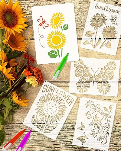 9 ADET Ayçiçeği Kelebekler Şablonlar, Yeniden Kullanılabilir PET Güneş Çiçek Şablonu, Metal Açık Halkalı DIY Zanaat Boya