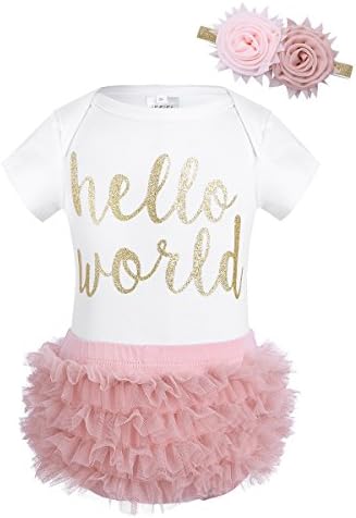 ıEFiEL Yenidoğan Bebek Kız Hello Dünya Kıyafet Kısa Kollu Romper Bodysuit Fırfır Tutu Şort Olgunlaşanlar saç bandı seti
