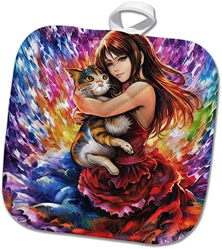3dRose Büyüleyici Kadın bir kediye sarılır. Kedi Severler için Zarif Renkli Hediye - Potholders (phl-375978-1)