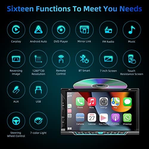 CD/DVD Oynatıcılı Çift Din araç Stereo Sistemi-CarPlay ve Android Auto, Bluetooth'lu Araç Sesi, 7 inç HD Dokunmatik Ekran,