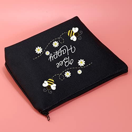 JXGZSO Bal Arısı Makyaj fermuarlı çanta Arı Sevgilisi Hediyeler Kadınlar İçin Arı Kozmetik Çantası (arı mutlu siyah)