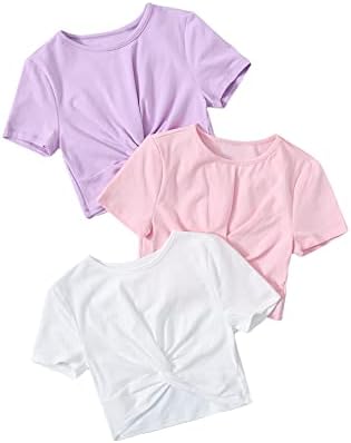 SHENHE kızın 3 Parça Büküm Ön Kısa Kollu Crewneck Kırpılmış T Shirt Kırpma Üstleri