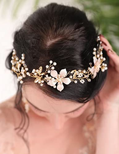 Teyglen Altın Yaprak Düğün Kafa Bandı Saç Vine El Yapımı Çiçek Inci Headpieces Gelin Çiçek Gelin saç parçaları saç aksesuarları