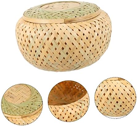 Veemoon 1 adet Bambu Sepet Kapaklı Dokuma Sepet Masa Üstü Sepetleri Düzenlemek için Kapaklı El Yapımı Dekoratif Tepsi Hasır