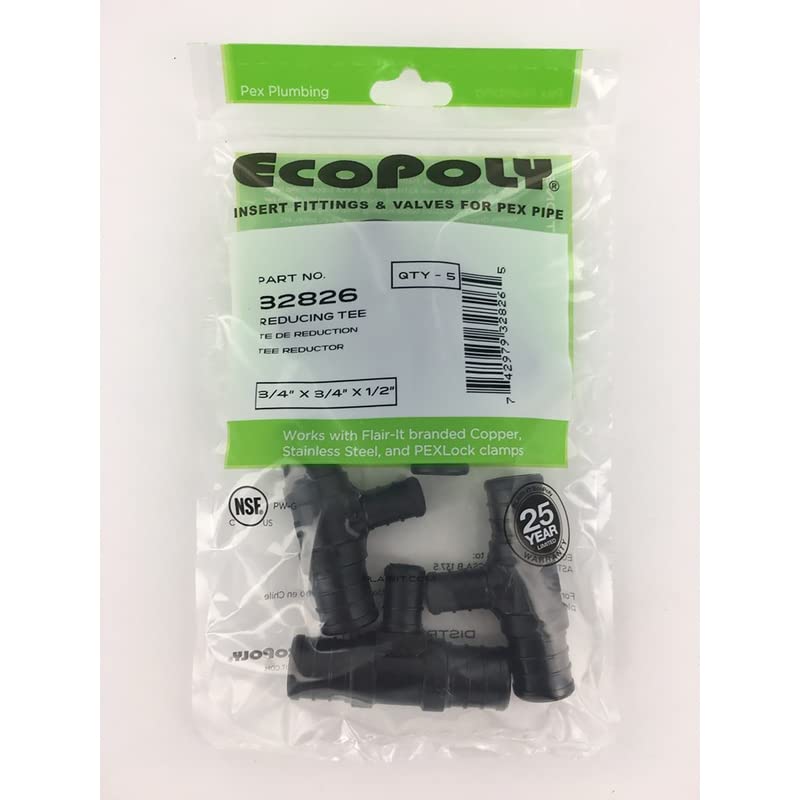 Ecopoly 32826 PEX Tişört, 3/4 x 3/4 x 1/2, 0,75 ID, Kıvrımlı, Plastik (5'li Paket)
