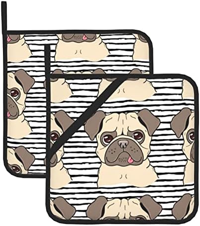 Komik Mutlu Pug Köpek tencere tutucular Mutfak Fırın Seti 2 Parça Makine Yıkanabilir Isıya Dayanıklı Tencere Tutucular Sıcak