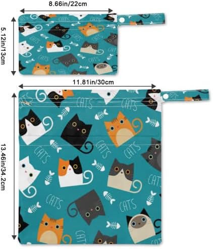 2 adet Su Geçirmez ıslak Kuru Çanta Karikatür Renkli Kedi Kullanımlık Yıkanabilir Bebek Bezi Bezi Çanta İki Fermuarlı Cepler