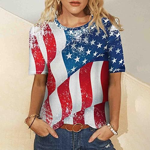 Bağımsızlık Günü Gömlek Kadınlar için ABD Bayrağı Baskı Üstleri Dördüncü Temmuz Kısa Kollu Crewneck T-Shirt Yaz Casual Tees
