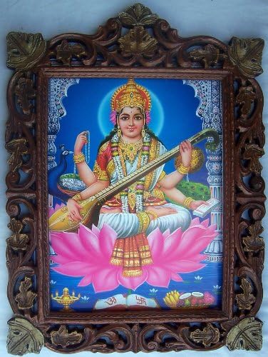 Tanrıça Saraswati Lotus Çiçeği Tavuskuşu ve Saraswati Veena Posteri Boyama Ahşap El Sanatları Çerçeve