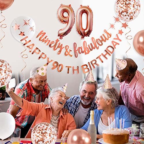 Gül Altın Doksan ve Muhteşem Mutlu 90th Doğum Günü Afiş Çelenk Folyo Balon 90 Womens için 90th Doğum Günü Süslemeleri Asılı