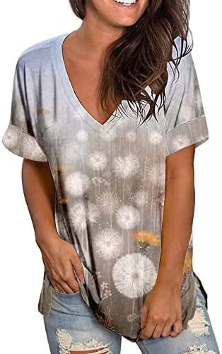 CGGMVCG kadın Üstleri Rahat Bahar Yaz V Boyun Kısa Kollu Karahindiba Çiçek Baskı Moda T Shirt Üst Bayan T Shirt