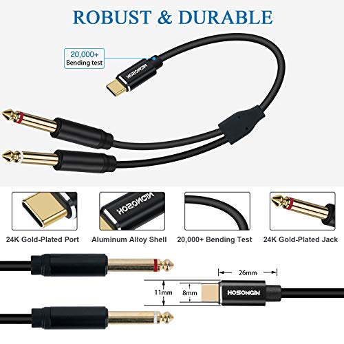 HOSONGIN USB C için Çift 6.35 mm 1/4 inç Stereo Splitter Y Kablosu, USB Tip C için Çift 6.35 mm 1/4 inç TS Ses Kablosu için
