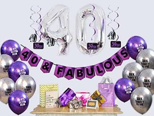 40 ve Muhteşem Doğum Günü Partisi Paketi-Mor ve Gümüş Mutlu Yıllar Kiraz Kuşu, Balon ve girdaplar paketi-Doğum Günü Süslemeleri-40.