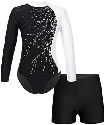 FEESHOW Kızlar 2 Adet Glitter Uzun Kollu Mayoları Şort Kıyafetler Atletik Unitards Jimnastik Giyim Giysi