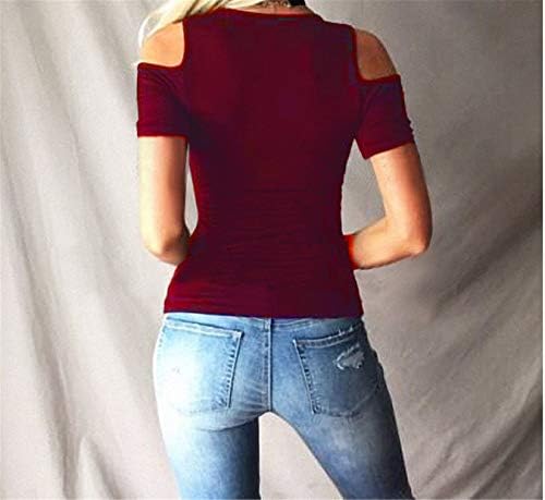 Andongnywell Kadınlar Seksi Kapalı Omuz Lace Up kısa kollu tişört V Boyun Bluz Ön Üst T Shirt