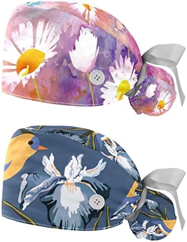 Çalışma Şapka Düğmeleri ve Kurdele Bağları Kadınlar için 2 Paket Papatya Çiçek Ayarlanabilir Unisex Cerrahi Kapaklar Fırçalama