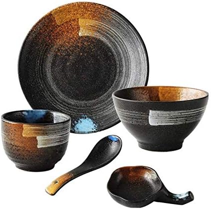 Retro Seramik El Boyalı sofra seti çorba kasesi / pirinç kasesi / tabak / kaşık, 1 Kişi Japon tarzı sofra seti (Renk: Siyah)